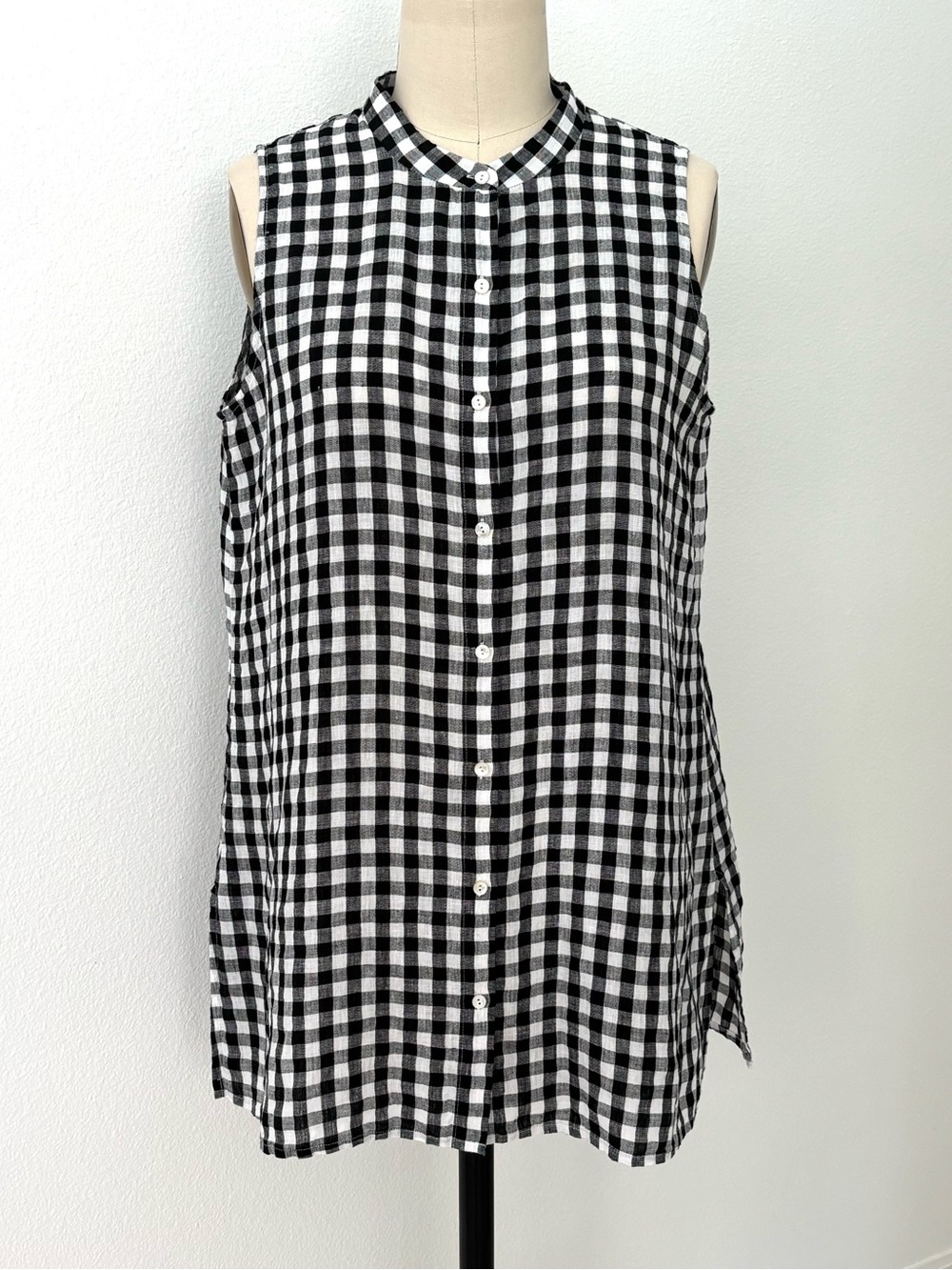 Eileen Fisher Gingham Sleeveless Tunic Organic Linen Black White Gingham S